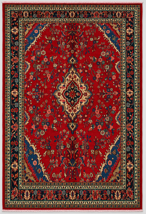Handmade Persian Wool Area Rug 7x10 - Red Floral Medallion Persian Style Rug - Exact Size 10'3" x 6'11" - KBHM-937