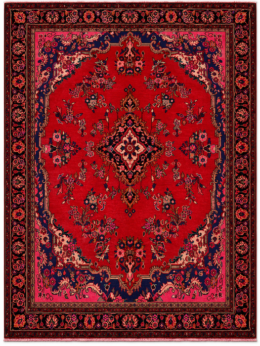 Handgemaakt Perzisch wollen vloerkleed 7x10 - Rood Perzisch tapijt met bloemenmedaillon - Exacte afmeting 315 cm x 206 cm - KBHM-936