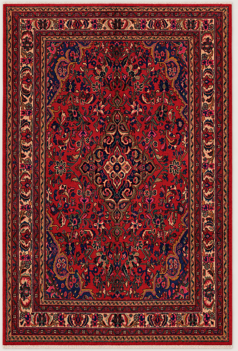 Handgemaakt Perzisch wollen vloerkleed 7x10 - Rood Perzisch tapijt met bloemenmedaillon - Exacte afmeting 299 cm x 211 cm - KBHM-931