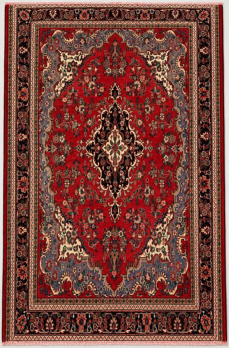 Handgemaakt Perzisch wollen vloerkleed 7x10 - Rood Perzisch tapijt met bloemenmedaillon - Exacte afmeting 292 cm x 211 cm - KBHM-932