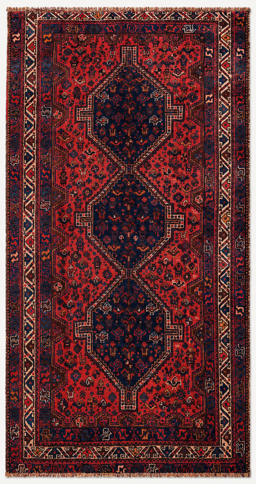 Handgemaakt Perzisch wollen vloerkleed 210x300 cm - Rood Perzisch tapijt in tribale stijl met medaillon en marineblauwe accenten - Exacte afmetingen 292 cm x 196 cm - KBHM-905