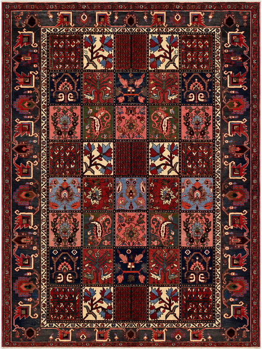 Handgemaakt Perzisch wollen vloerkleed 215x305 cm - Perzisch tapijt met rood paneel en een blauw & grijs tribale rand - Exacte afmeting 307 cm x 213 cm - KBHM-854