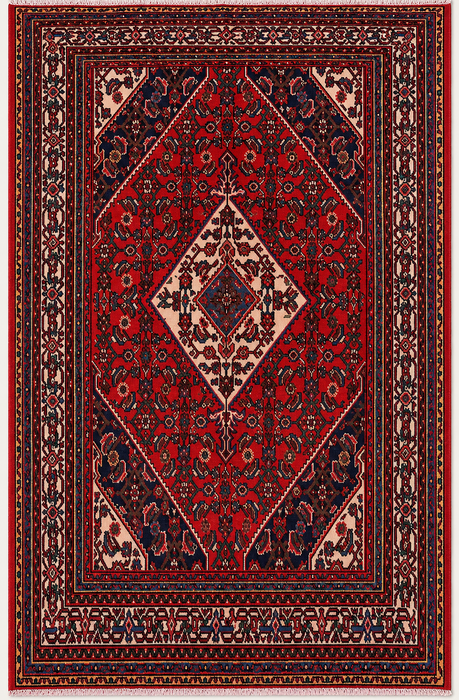Handgemaakt Perzisch wollen vloerkleed 7x10 - Rood Perzisch tapijt met geometrisch medaillon en ivoorkleurige rand - Exacte afmeting 10'0" x 6'11" - KBHM-855
