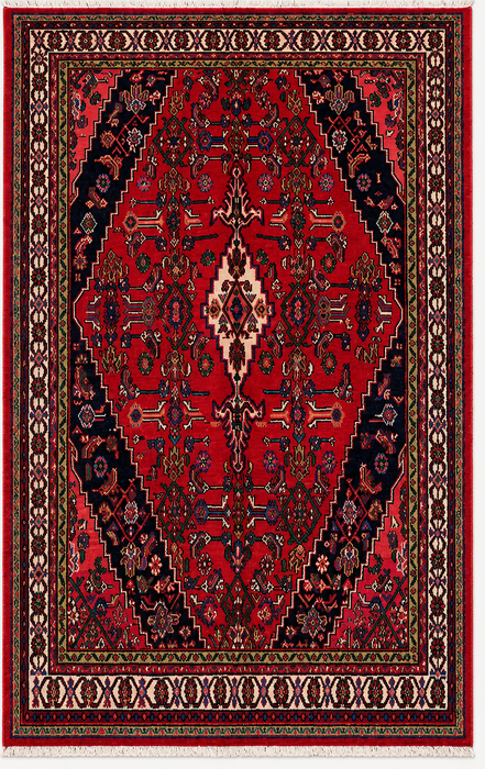 Handgemaakt Perzisch wollen vloerkleed 210x300 - Rood Perzisch tapijt met geometrisch medaillon en ivoorkleurige rand - Exacte afmeting 295 cm x 208 cm - KBHM-853