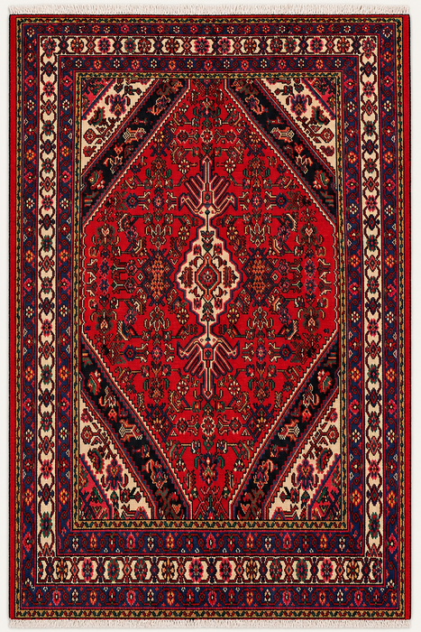 Handgemaakt Perzisch wollen vloerkleed 7x10 - Rood Perzisch tapijt met geometrisch medaillon en ivoorkleurige rand - Exacte afmeting 9'1" x 6'8" - KBHM-851