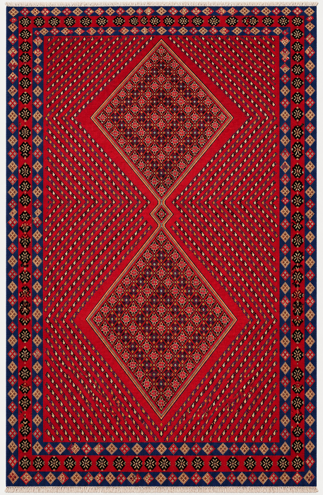 Handgemaakt Perzisch wollen vloerkleed 7x10 - Rood geometrisch ruitvormig Perzisch stijl kleed met marineblauwe rand - Exacte afmetingen 9'8" x 6'4" - KBHM-850