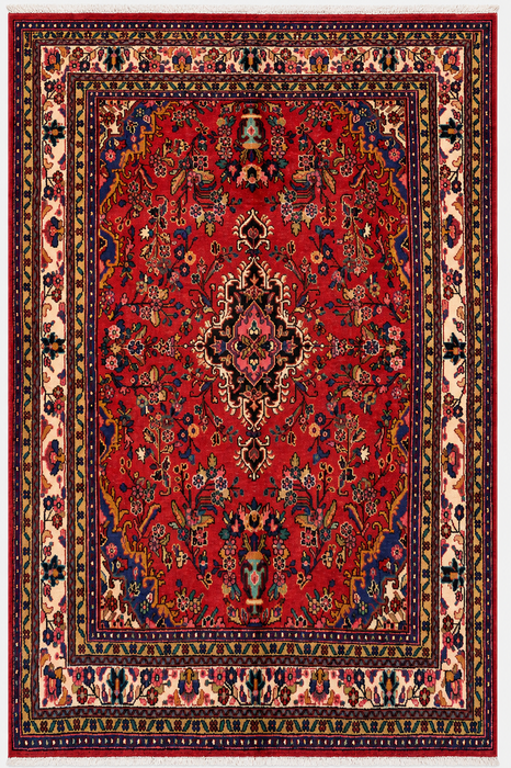 Handgemaakt Perzisch wollen vloerkleed 7x10 - Rood Perzisch tapijt in bloemmotief met medaillon en ivoorkleurige rand - Exacte afmeting 9'8" x 6'11" - KBHM-849