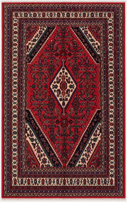 Handgemaakt Perzisch wollen vloerkleed 210x300 cm - Perzisch stijl kleed met rood diamantmedaillon en ivoorkleurige rand - Exacte afmetingen 295 cm x 208 cm - KBHM-848