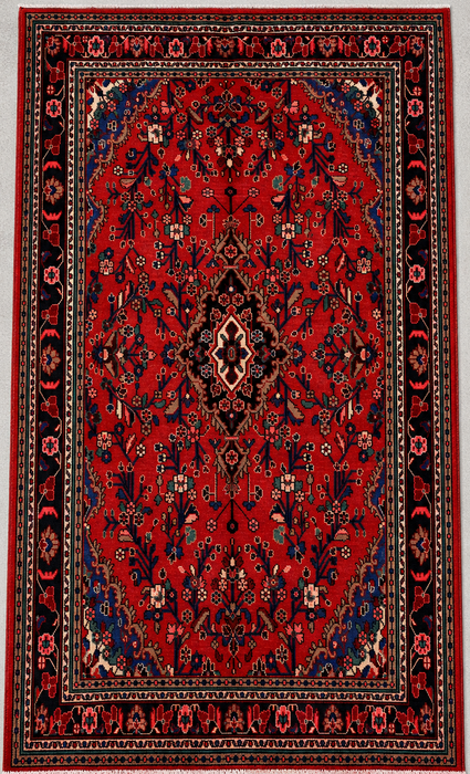 Handgemaakt Perzisch wollen vloerkleed 213x305 cm - Rood bloemenmedaillon Perzisch stijl tapijt met marineblauwe rand - Exacte afmeting 305 cm x 213 cm - KBHM-847
