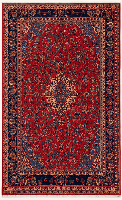 Handgemaakt Perzisch wollen vloerkleed 7x10 - Rood Perzisch tapijt met bloemmotief en medaillon en marineblauwe rand - Exacte afmeting 10'4" x 6'11" - KBHM-846