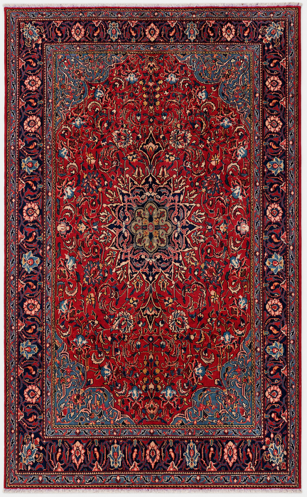 Handgemaakt Perzisch wollen vloerkleed 7x10 - Rood Perzisch tapijt met bloemenmedaillon en marineblauwe rand - Exacte afmeting 9'5" x 7'0" - KBHM-845