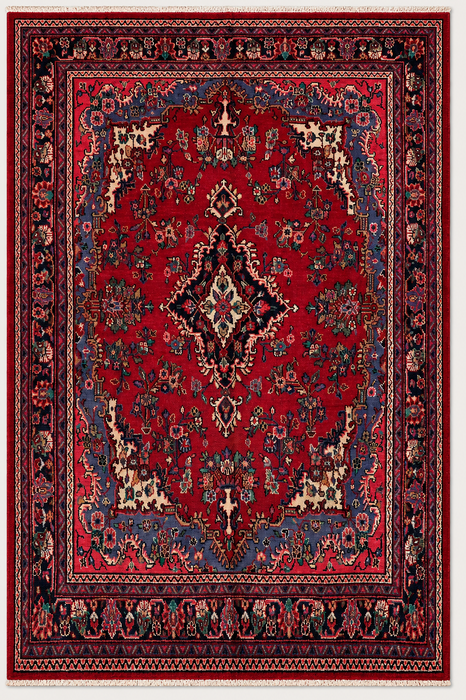 Handgemaakt Perzisch wollen vloerkleed 7x10 - Rood Perzisch tapijt met bloemmedaillon en blauwe rand - Exacte afmeting 10'2" x 7'0" - KBHM-844