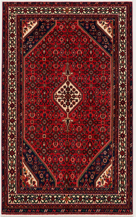 Handgemaakt Perzisch wollen vloerkleed 7x10 - Rood Perzisch tapijt met geometrisch medaillon en ivoorkleurige rand - Exacte afmeting 9'10" x 6'8" - KBHM-843