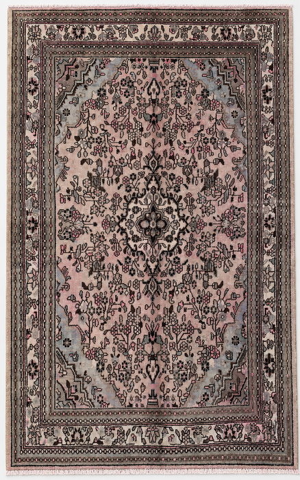 Handgemaakt Perzisch wollen vloerkleed 7x10 - Zachtbeige Perzisch kleed met bloemenmedaillon en ivoorkleurige rand - Exacte afmetingen 9'9" x 7'4" - KBHM-842