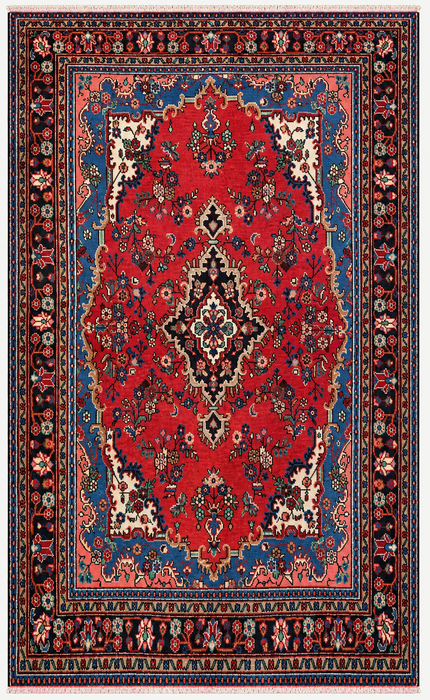 Handgemaakt Perzisch wollen vloerkleed 7x10 - Rood Perzisch tapijt met bloemmotief en blauwe rand - Exacte afmetingen 9'11" x 7'0" - KBHM-841