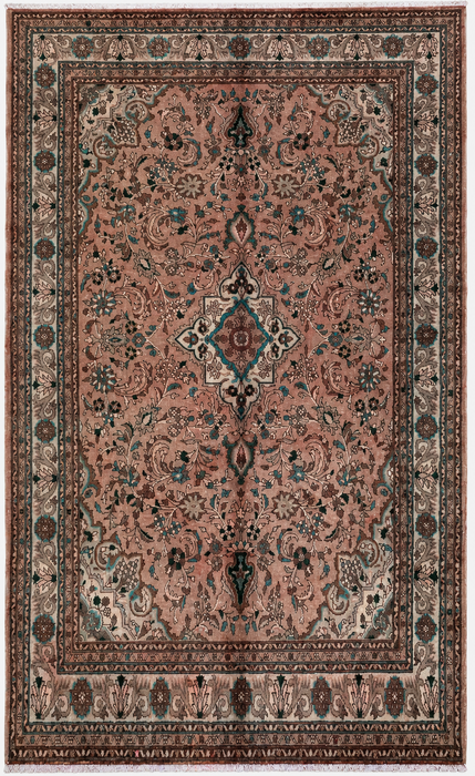 Handgemaakt Perzisch wollen vloerkleed 7x10 - Blush Beige Bloemenmedaillon Perzisch stijl kleed met ivoorkleurige rand - Exacte afmeting 9'6" x 6'7" - KBHM-839