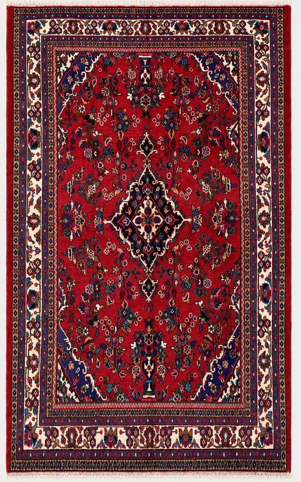 Handgemaakt Perzisch wollen vloerkleed 7x10 - Rood Perzisch tapijt met bloemenmedaillon en ivoorkleurige rand - Exacte afmeting 10'1" x 6'11" - KBHM-836
