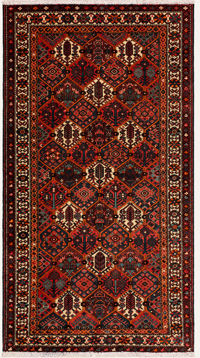 Handgemaakt Perzisch wollen vloerkleed 7x10 - Rood geometrisch tribaal Perzisch stijl kleed met ivoorkleurige rand - Exacte afmeting 9'10" x 5'3" - KBHM-835