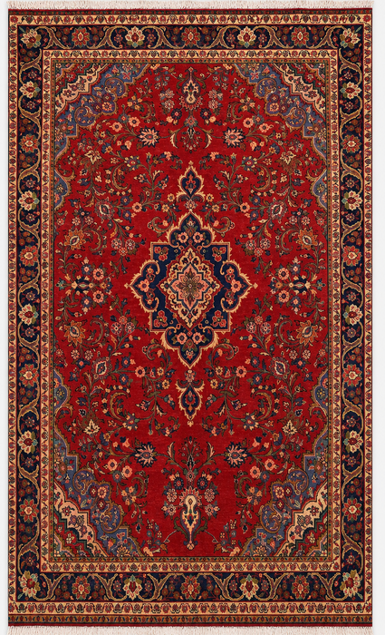 Handgemaakt Perzisch wollen vloerkleed 213x305 cm - Rood bloemenmedaillon Perzisch stijl kleed met marineblauwe rand - Exacte afmeting 345 cm x 193 cm - KBHM-834