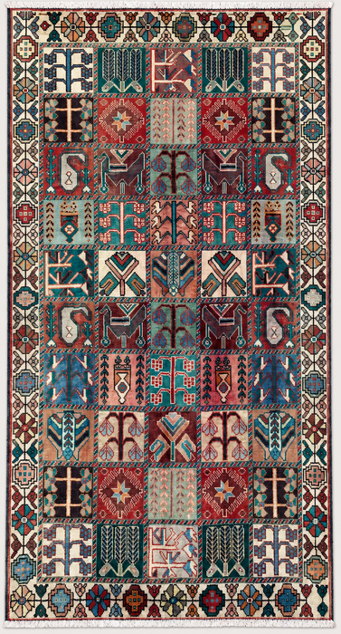 Handmade Persian Wool Area Rug 7x10 - Ivory Panel Persian Style Rug with Turquoise & Rust Accents - Exact Size 9'4" x 5'9" - KBHM-833