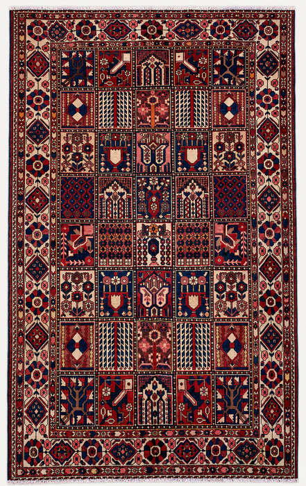 Handgemaakt Perzisch wollen vloerkleed 7x10 - Rood paneel Perzische stijl kleed met ivoorkleurige rand - Exacte afmetingen 10'3" x 7'0" - KBHM-832