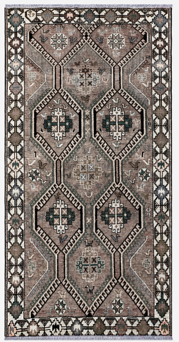 Handgemaakt Perzisch wollen vloerkleed 210x300 cm - Taupekleurig geometrisch Perzisch tapijt in tribalstijl met ivoorkleurige rand - Exacte afmeting 295 cm x 168 cm - KBHM-831