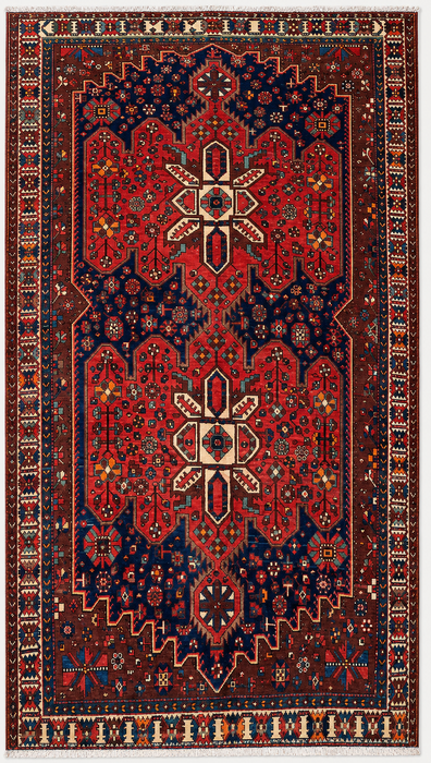 Handgemaakt Perzisch wollen vloerkleed 213x305 cm - Rood Perzisch tapijt met geometrisch medaillon en marineblauw veld - Exacte afmeting 305 x 211 cm - KBHM-828