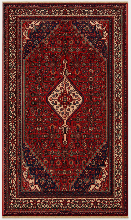 Handgemaakt Perzisch wollen vloerkleed 7x10 - Rood Perzisch tapijt met diamantmedaillon en marineblauwe accenten - Exacte afmeting 9'10" x 6'7" - KBHM-827