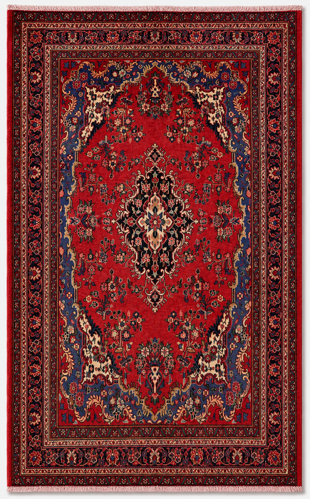 Handgemaakt Perzisch wollen vloerkleed 7x10 - Rood, blauw & ivoorkleurig Perzisch tapijt met bloemenmedaillon - Exacte afmetingen 10'1" x 6'8" - KBHM-821
