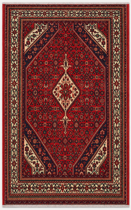 Handgeweven Perzisch wollen vloerkleed 7x10 - Rood, ivoor & marineblauw tribaal medaillon Perzische stijl vloerkleed - Exacte afmeting 9'8" x 6'10" - KBHM-818