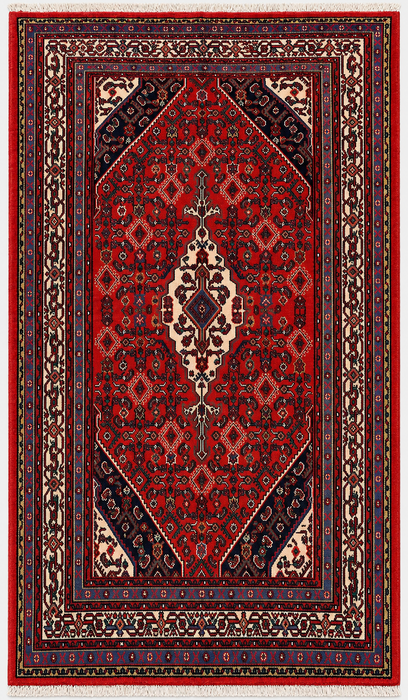 Handgemaakt Perzisch wollen vloerkleed 210x300 - Rood, ivoor & marineblauw tribaal medaillon Perzisch stijl kleed - Exacte afmeting 299 cm x 211 cm - KBHM-817