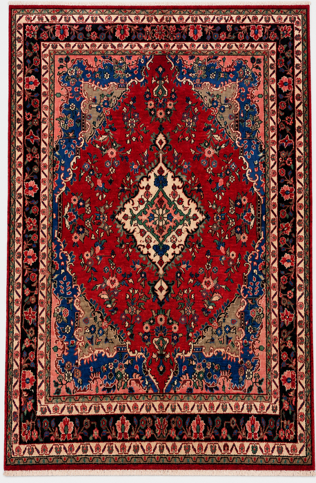 Handgemaakt Perzisch wollen vloerkleed 7x10 - Rood, blauw & ivoorkleurig Perzisch tapijt met bloemenmedaillon - Exacte afmeting 9'8" x 6'10" - KBHM-814