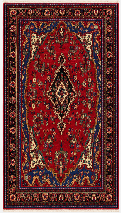 Handgemaakt Perzisch wollen vloerkleed 213x305 cm - Rood, blauw & ivoorkleurig Perzisch stijl kleed met bloemenmedaillon - Exacte afmeting 299 cm x 203 cm - KBHM-812