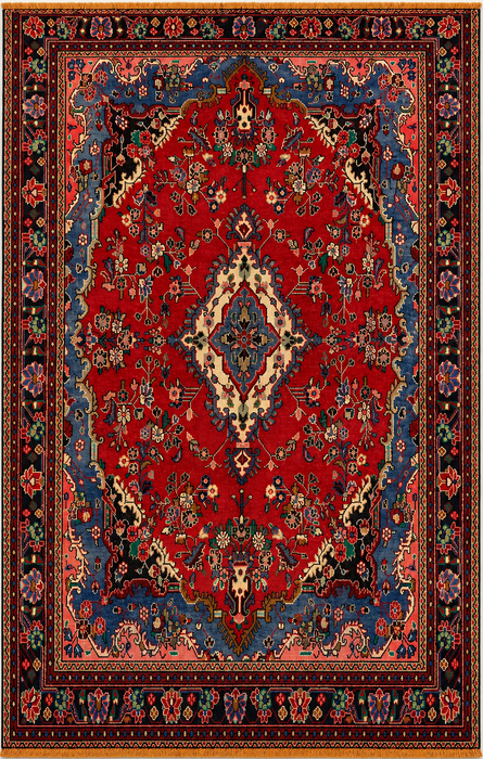 Handgemaakt Perzisch wollen vloerkleed 7x10 - Rood, blauw en ivoor traditioneel Perzisch bloemenkleed - Exacte maat 9'8" x 6'9" - KBHM-1104
