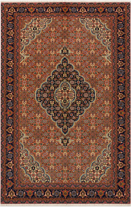 Handgemaakt Perzisch wollen vloerkleed 7x10 - Perzisch stijl kleed met roze, marineblauwe en ivoorkleurige bloemenmedaillon - Exacte afmeting 9'3" x 6'2" - KBHM-730