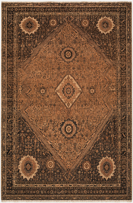 Handgemaakt Perzisch wollen vloerkleed 7x10 - Bruin, beige & ivoorkleurig vintage medaillon vloerkleed in Perzische stijl - Exacte afmeting 10'3" x 6'9" - KBHM-722