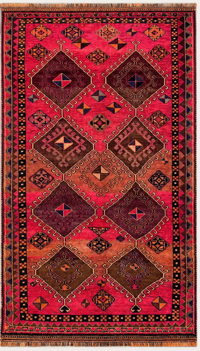 Handgemaakt Perzisch wollen vloerkleed 7x10 - Roze tribaal geometrisch Perzisch stijl kleed - Exacte afmeting 9'4" x 5'7" - KBHM-671