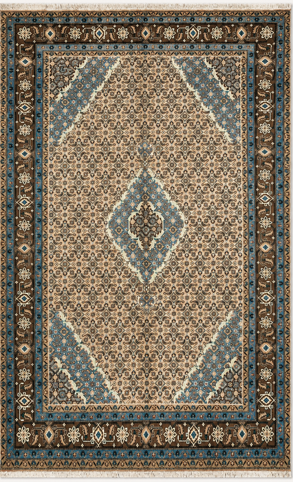 Handgeweven Perzisch wollen vloerkleed 7x10 - Vintage Perzisch kleed met medaillon in beige, blauw en bruin - Exacte afmetingen 9'9" x 6'4" - KBHM-757