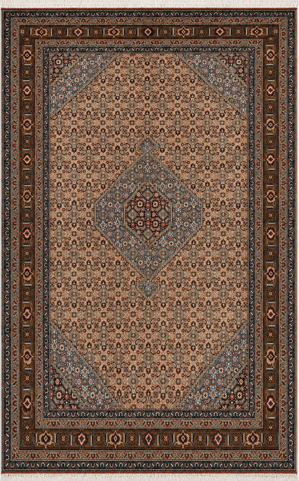 Handgemaakt Perzisch wollen vloerkleed 7x10 - Beige, bruin en zachtblauw vintage medaillon Perzisch stijl kleed - Exacte afmeting 9'5" x 6'5" - KBHM-752