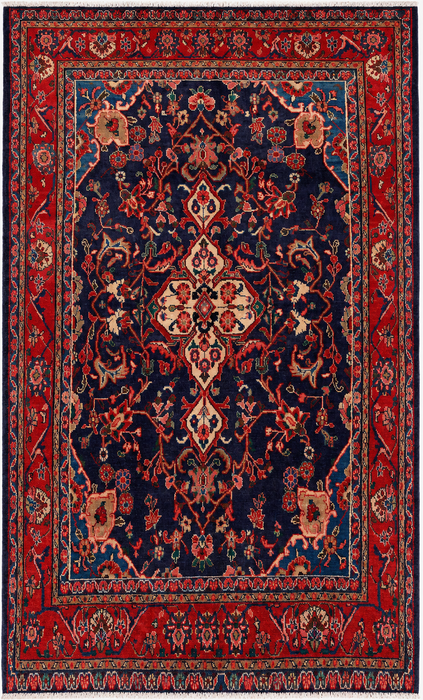 Handgemaakt Perzisch wollen vloerkleed 7x10 - Perzisch stijl tapijt in marineblauw & rood - Exacte afmeting 9'3" x 6'2" - KBHM-1125