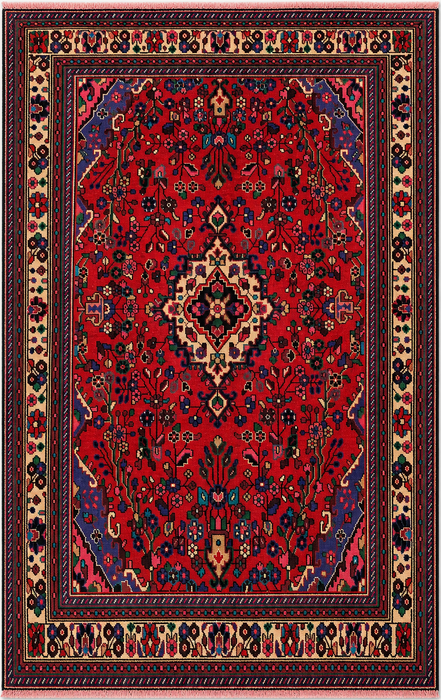 Handgeweven Perzisch wollen karpet 7x10 - Rood, blauw & ivoorkleurig Perzisch vloerkleed met bloemenmedaillon - Exacte maat 9'3" x 6'9" - KBHM-1089