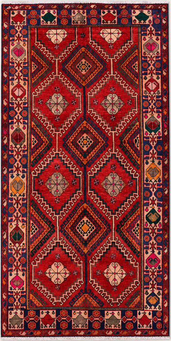 Handgemaakt Perzisch wollen vloerkleed 7x10 - Rood, marineblauw & ivoorkleurig tribaal geometrisch diamant Perzisch stijl kleed - Exacte afmetingen 9'11" x 5'6" - KBHM-1048