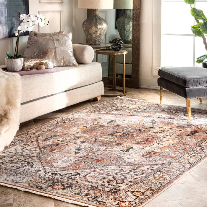 Vintage Heriz Medallion Polyester Area Rug – Ivory / Blush Multi – 8' x 11'