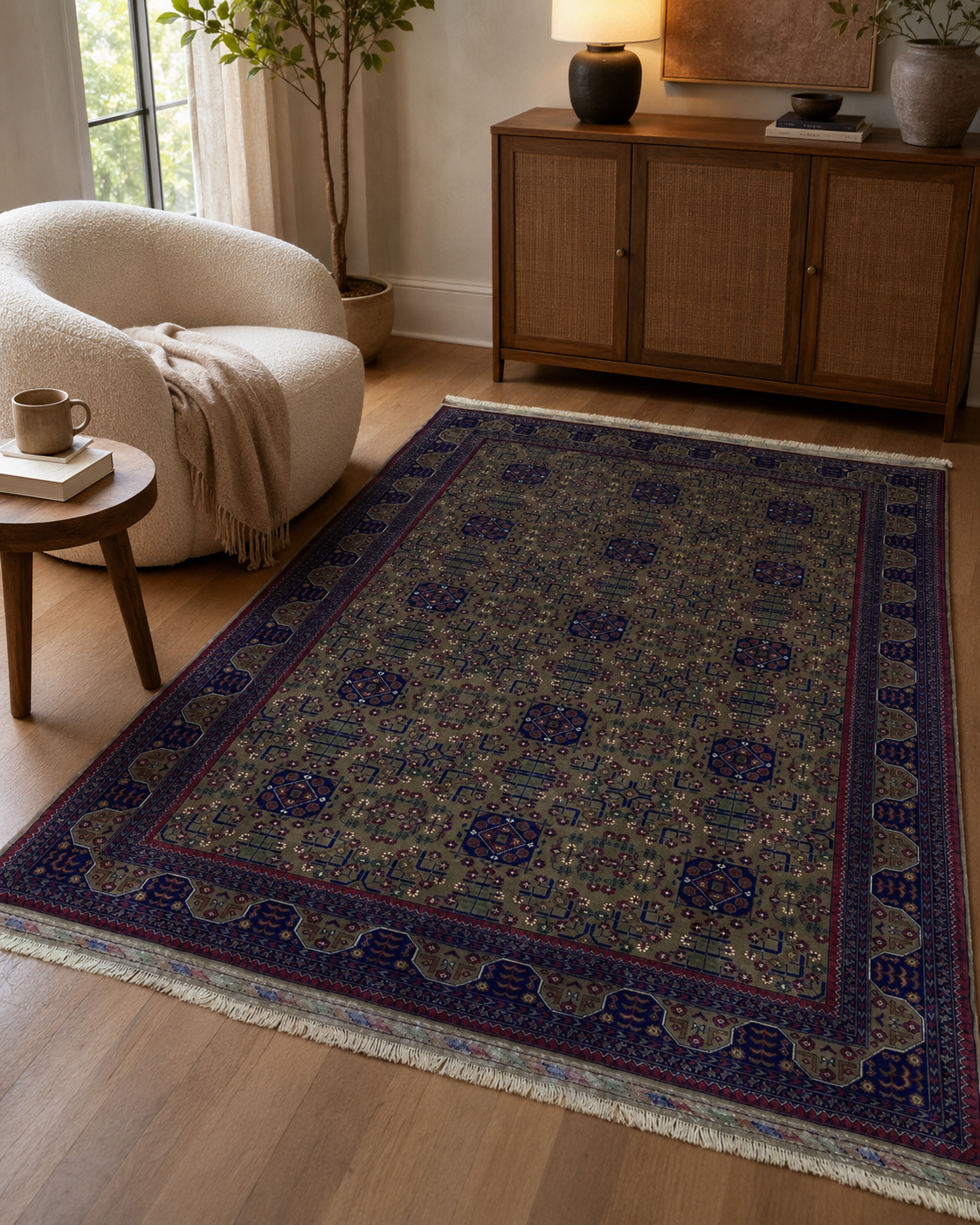 Handgemaakt Perzisch Buchara wollen vloerkleed 7x10 room styling example