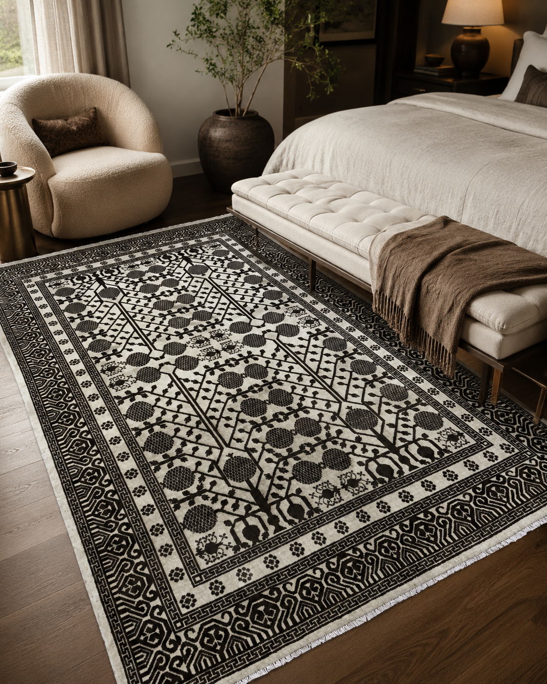 Handgemaakt wollen Chobi-vloerkleed 7x10 room styling example