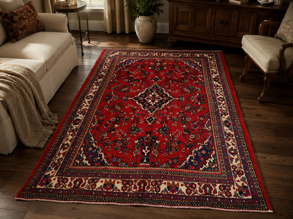 Handgemaakt Perzisch wollen vloerkleed 7x10 room styling example