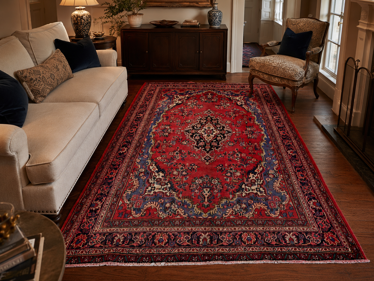 Handgemaakt Perzisch wollen vloerkleed 7x10 room styling example