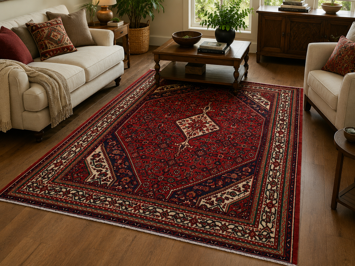 Handgeweven Perzisch wollen vloerkleed 7x10 room styling example