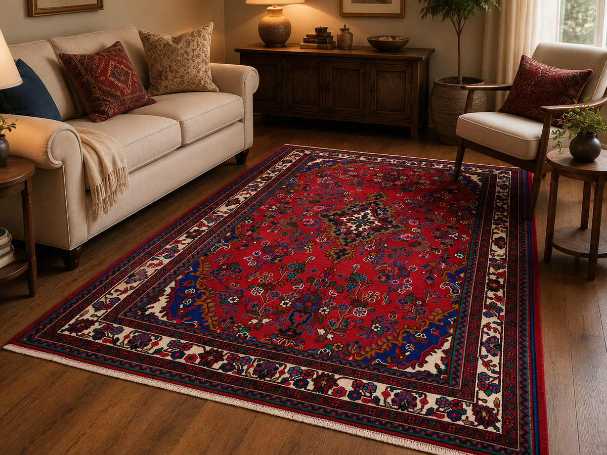 Handgemaakt Perzisch wollen vloerkleed 7x10 room styling example