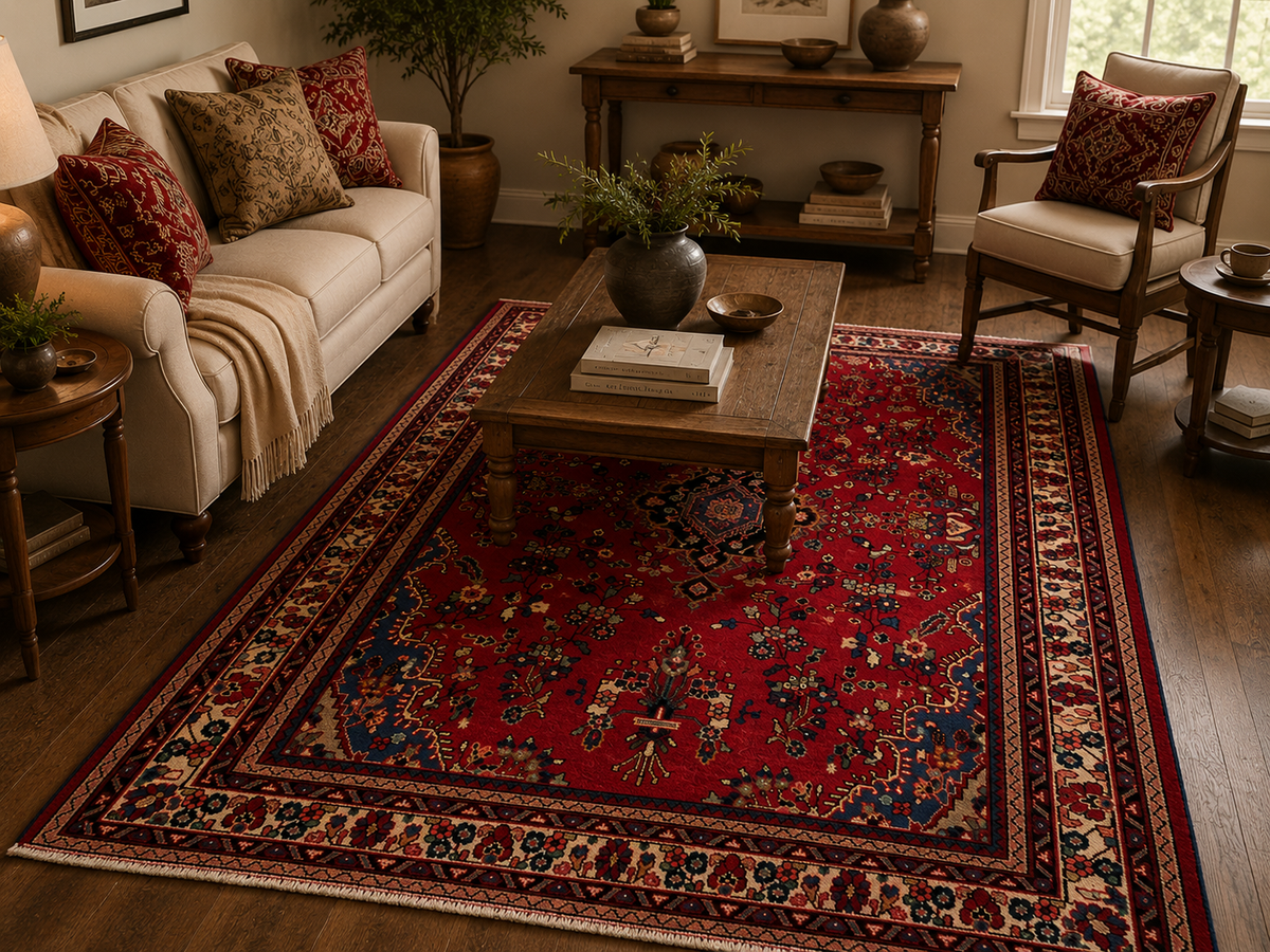 Handgemaakt Perzisch wollen vloerkleed 7x10 room styling example